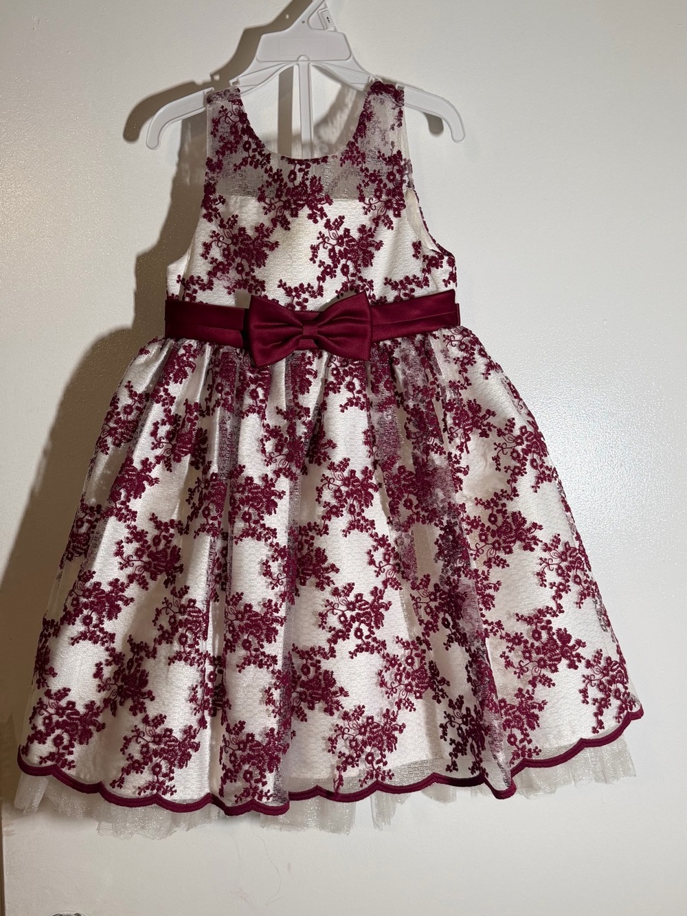 American Princess Ivory and Burgundy Floral Lace Dress with Bow